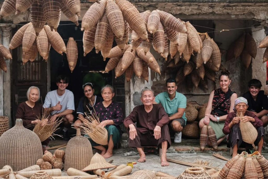 Artisan weaving bamboo fish traps in Thu Sy Village near Hanoi