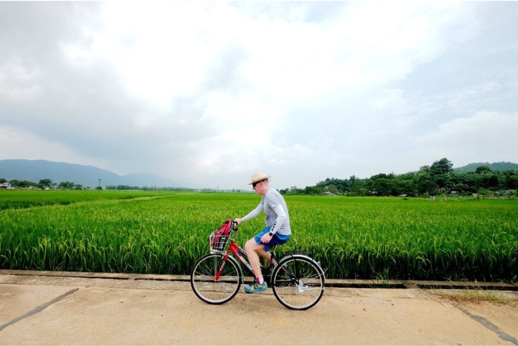 Cycling across the rice field and villages