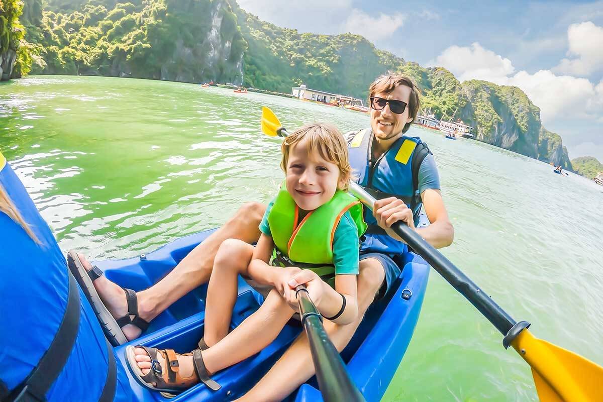 Kayaking in Halong Bay with kids - activities for kids in vietnam vacation