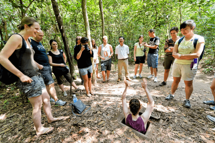 Tourists wait to visit Cu Chi tunnel in Hanoi Vietnam package